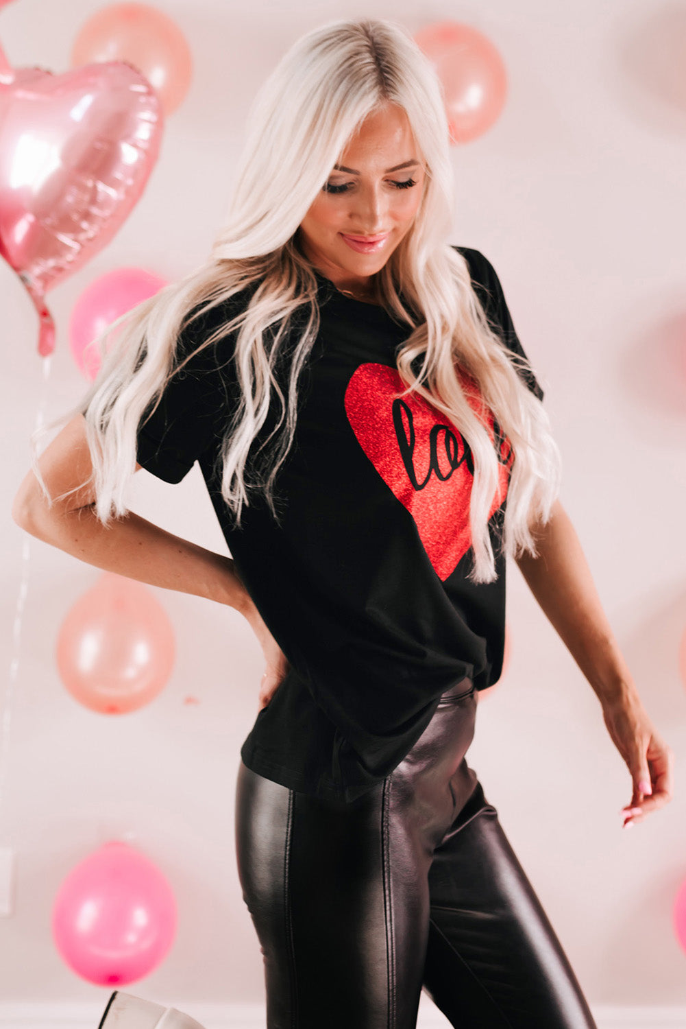 Black Love Heart Shaped Glitter Print T Shirt