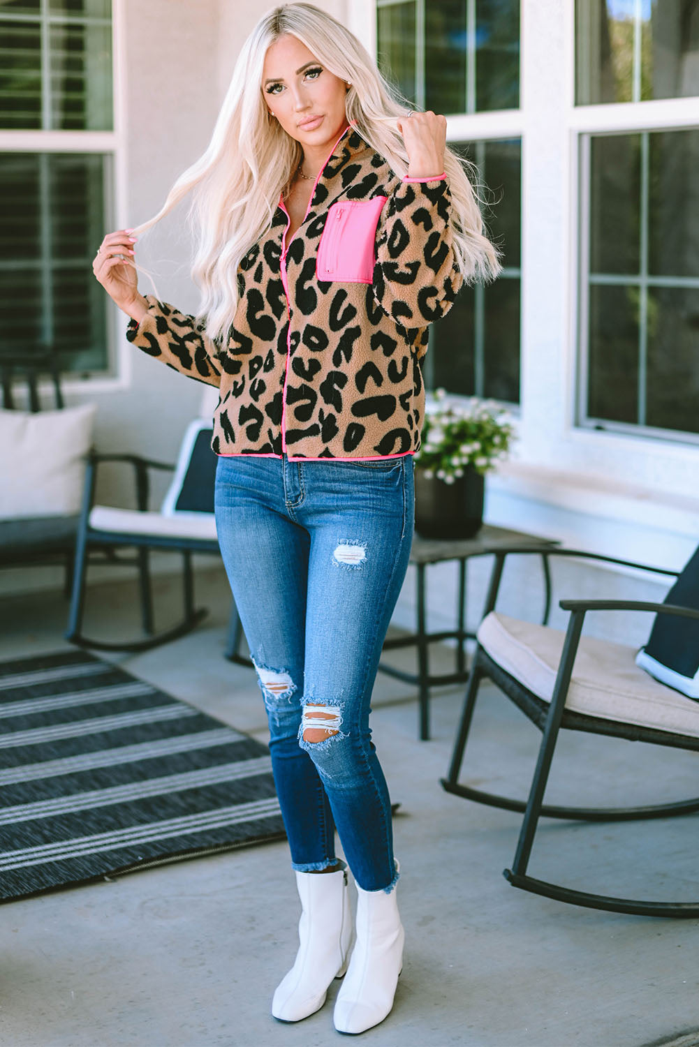 Leopard Colorblock Pocket Zipper Fuzzy Fleece Jacket