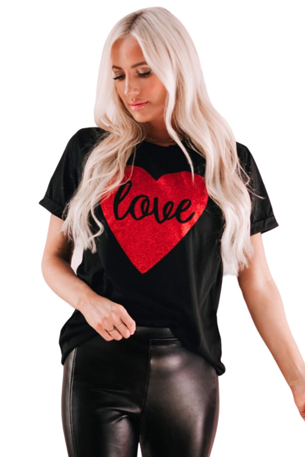 Black Love Heart Shaped Glitter Print T Shirt