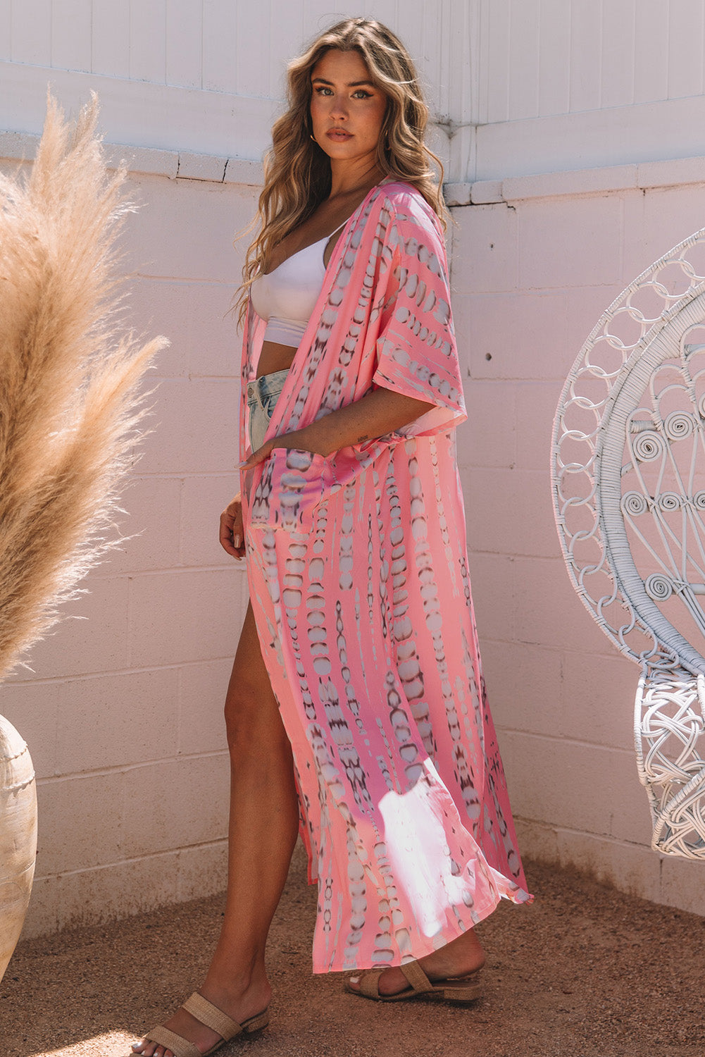 Pink Bohemian Tie Dye Oversize Long Kimono