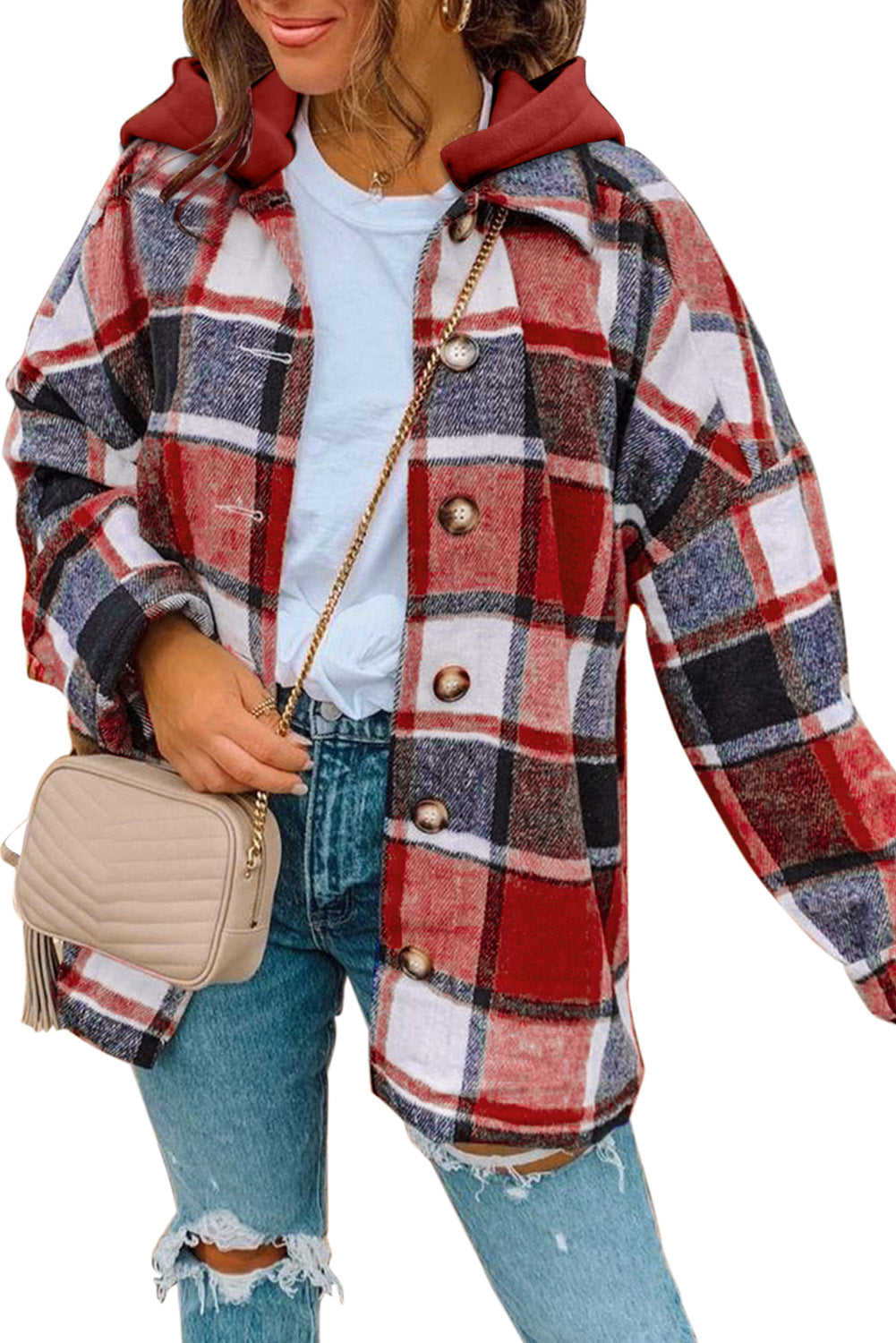 Red Hooded Plaid Button Front Shacket