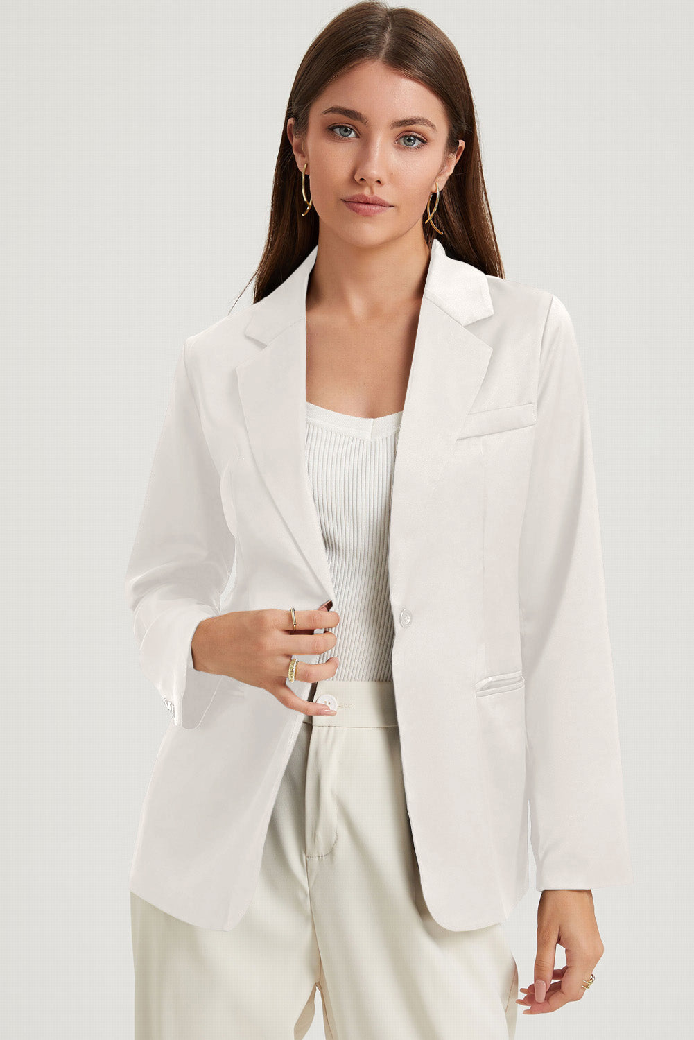 White Pocketed Single Button Lapel Neck Blazer