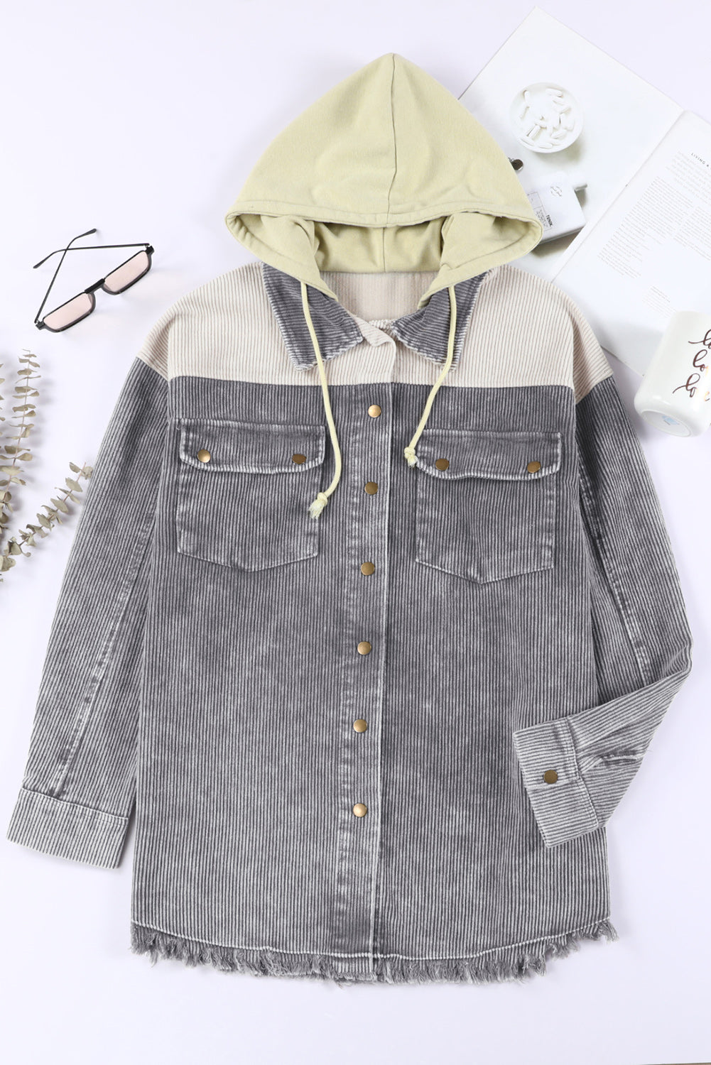 Gray Color Block Button Down Hooded Corduroy Jacket