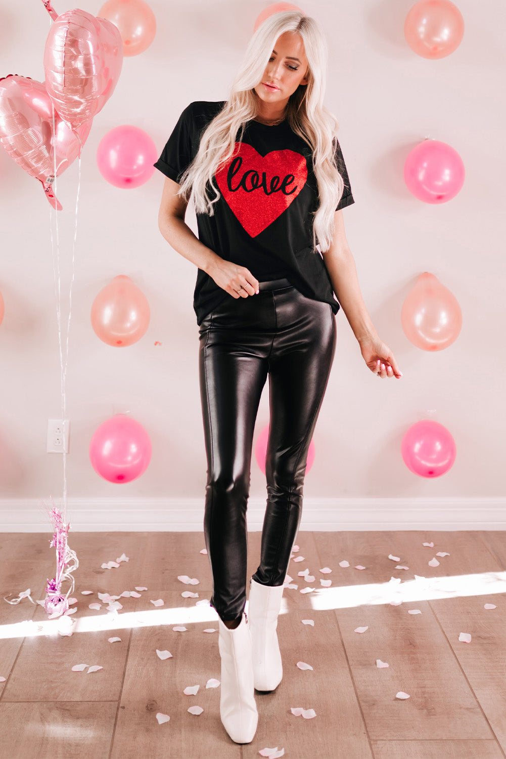 Black Love Heart Shaped Glitter Print T Shirt