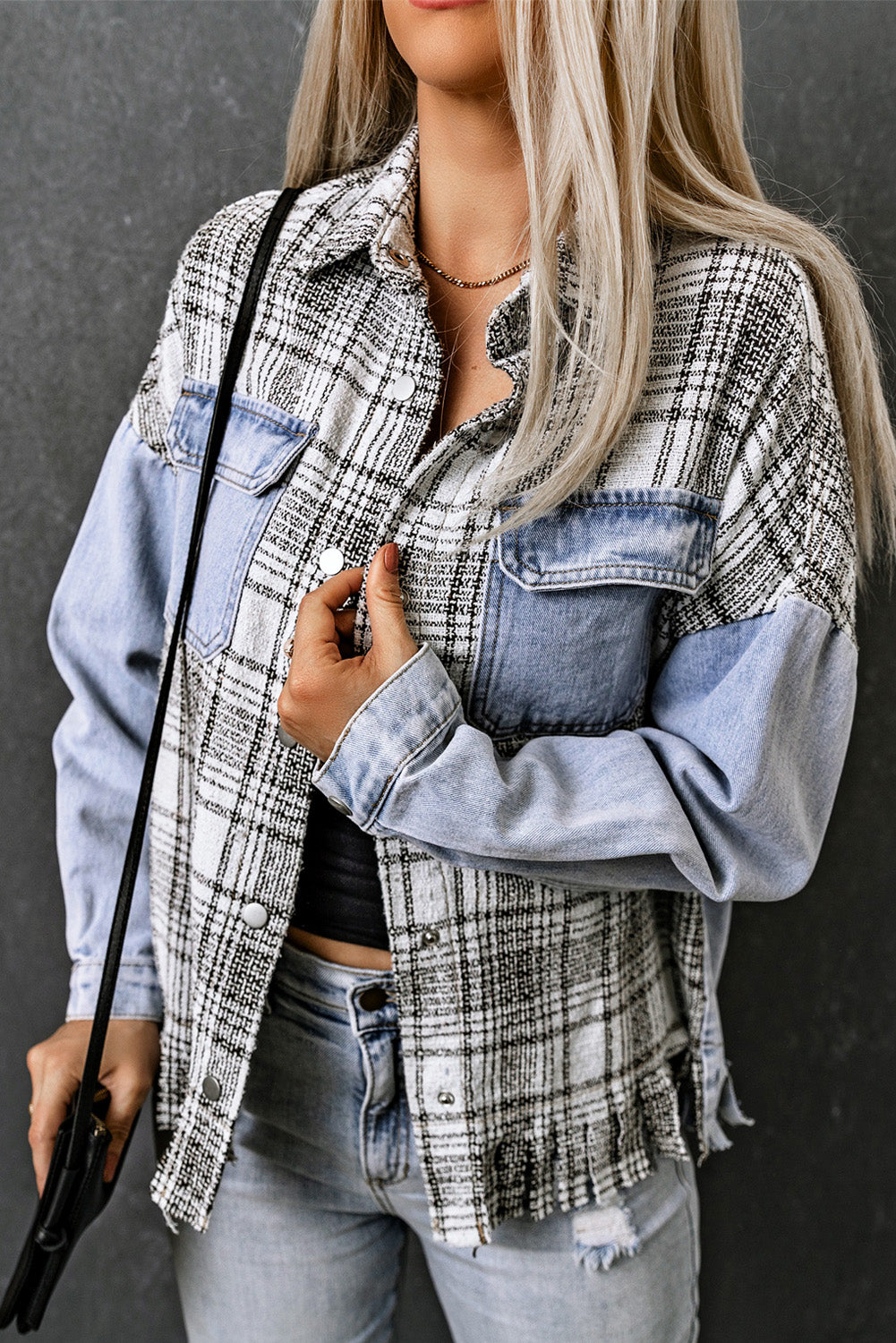 Sky Blue Plaid Patchwork Fringed Flap Pockets Denim Jacket