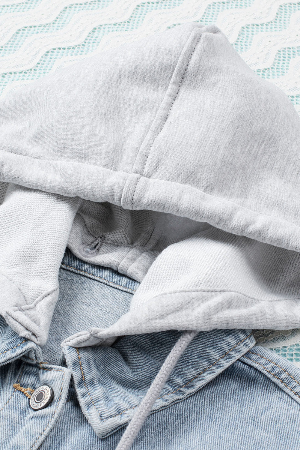 Sky Blue Button Closure Ripped Hooded Denim Jacket