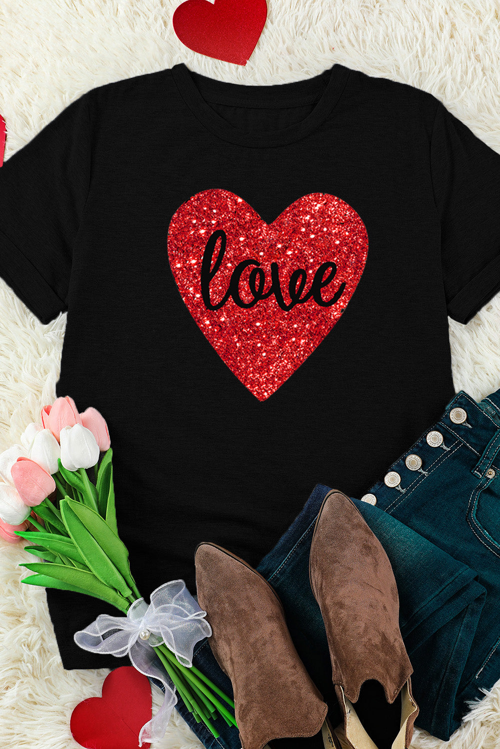 Black Love Heart Shaped Glitter Print T Shirt