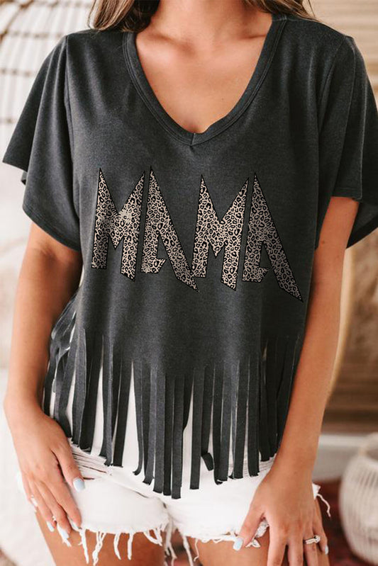 Black Leopard MAMA Fringed Hem Top