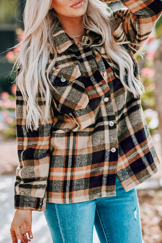 Orange Geometric Plaid Print Pocketed Shacket