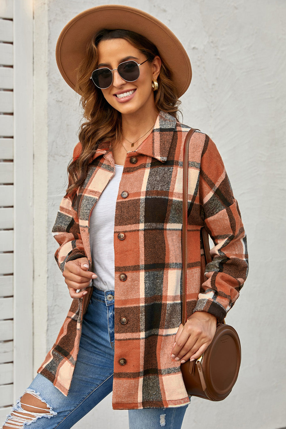 Orange Plaid Print Buttoned Shirt Jacket