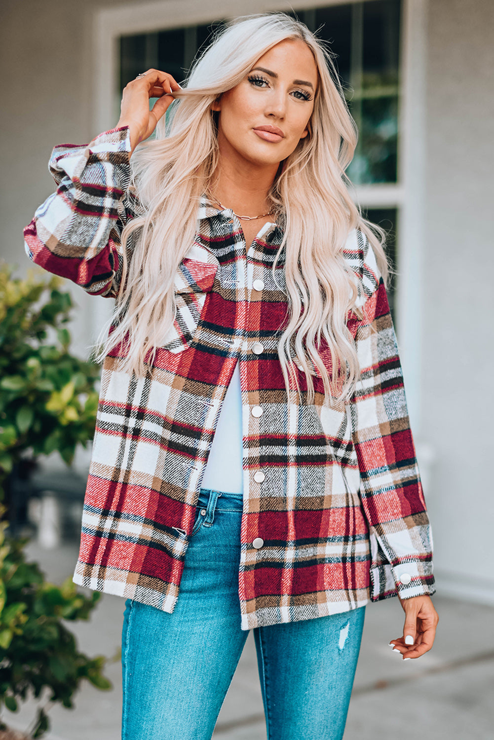 Red Geometric Plaid Print Pocketed Shacket