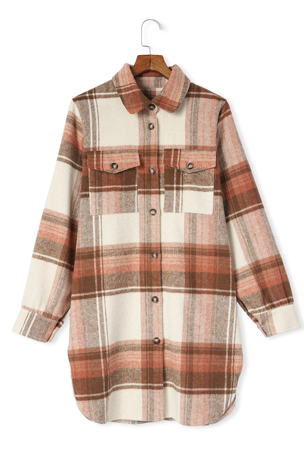 Brown Plaid Print Flap Pockets Long Shacket