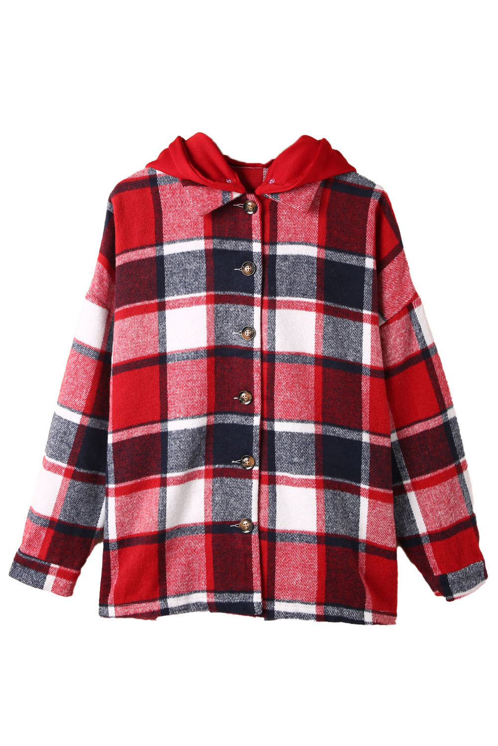 Red Hooded Plaid Button Front Shacket