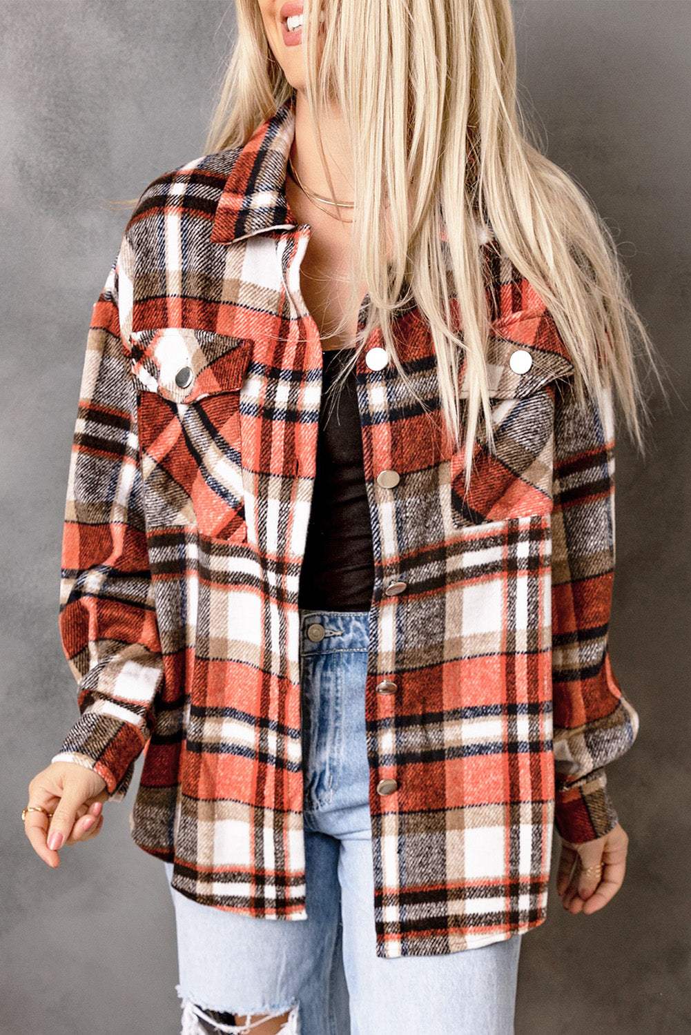 Orange Chest Pockets Flannel Plaid Shacket