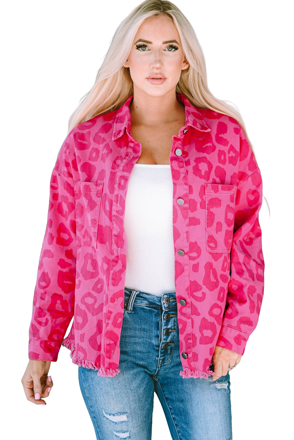 Pink Leopard Print Button Cuffs Raw Hem Jacket