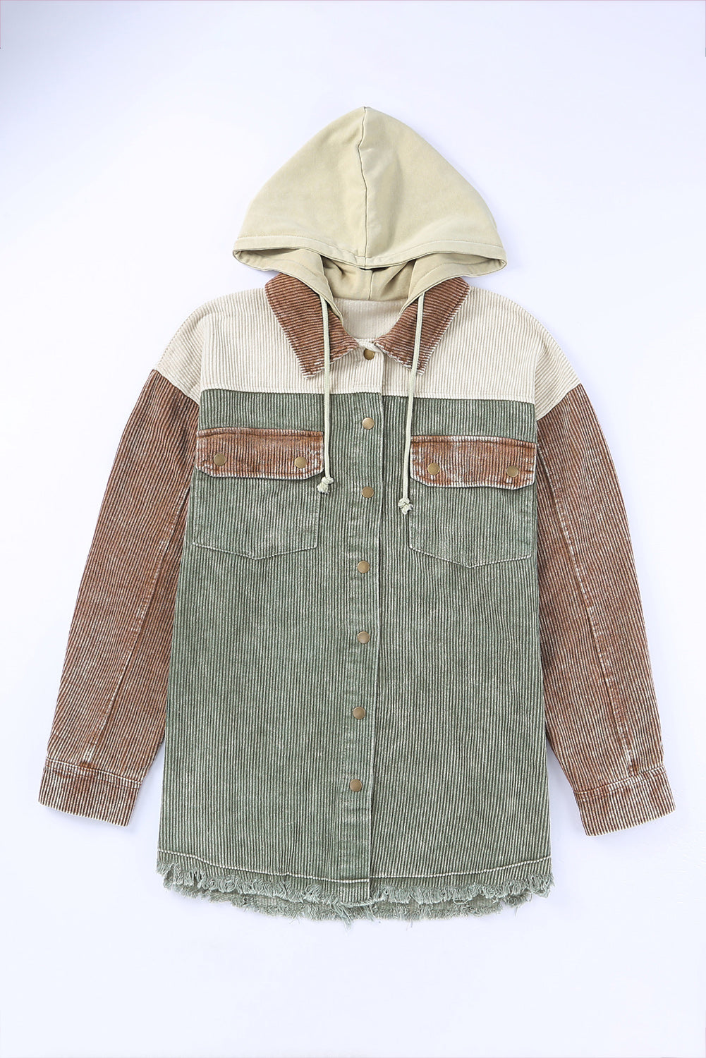 Green Color Block Button Down Hooded Corduroy Jacket