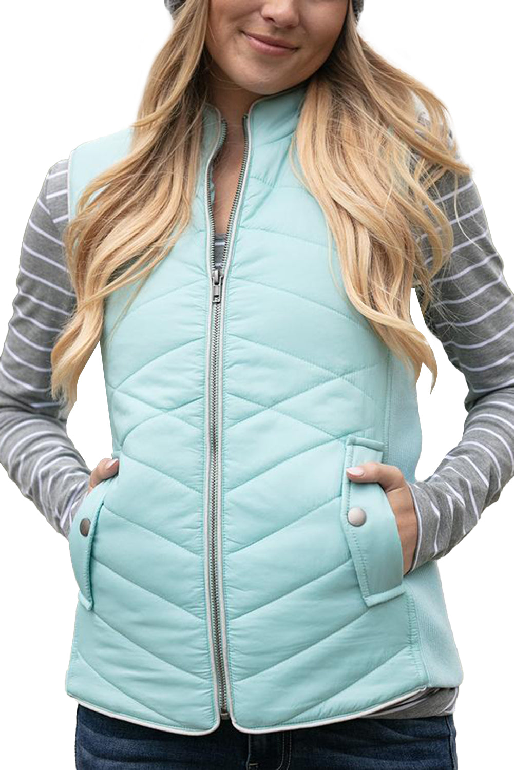 Sky Blue Zip-up Side Pockets Puffer Vest