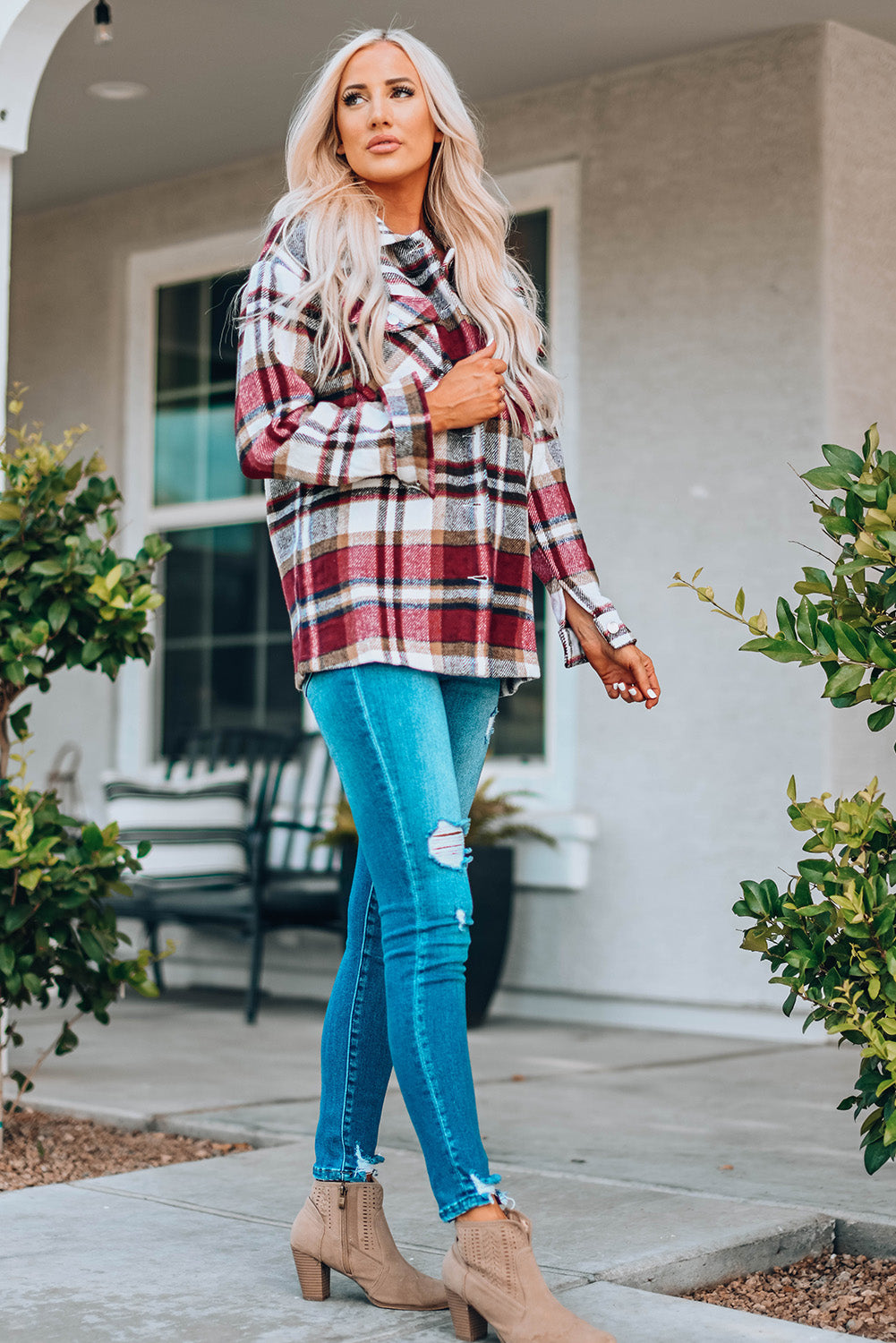 Red Geometric Plaid Print Pocketed Shacket