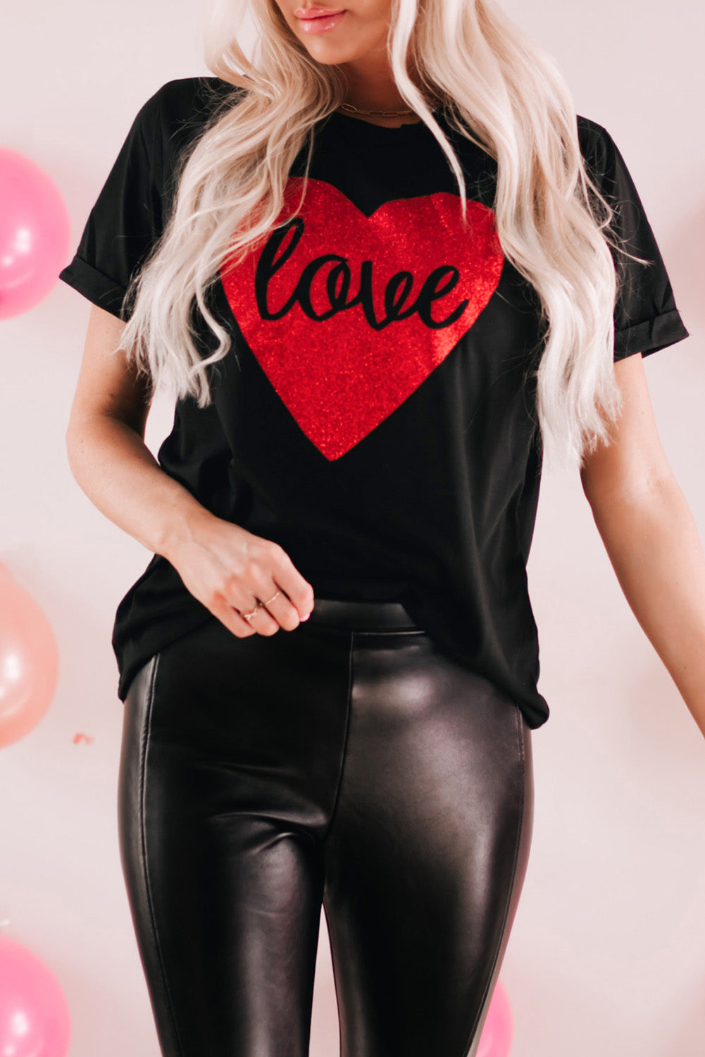 Black Love Heart Shaped Glitter Print T Shirt