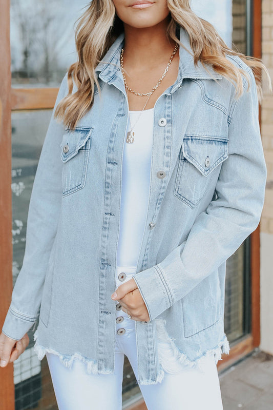 Sky Blue Flap Pocket Buttoned Raw Hem Denim Jacket