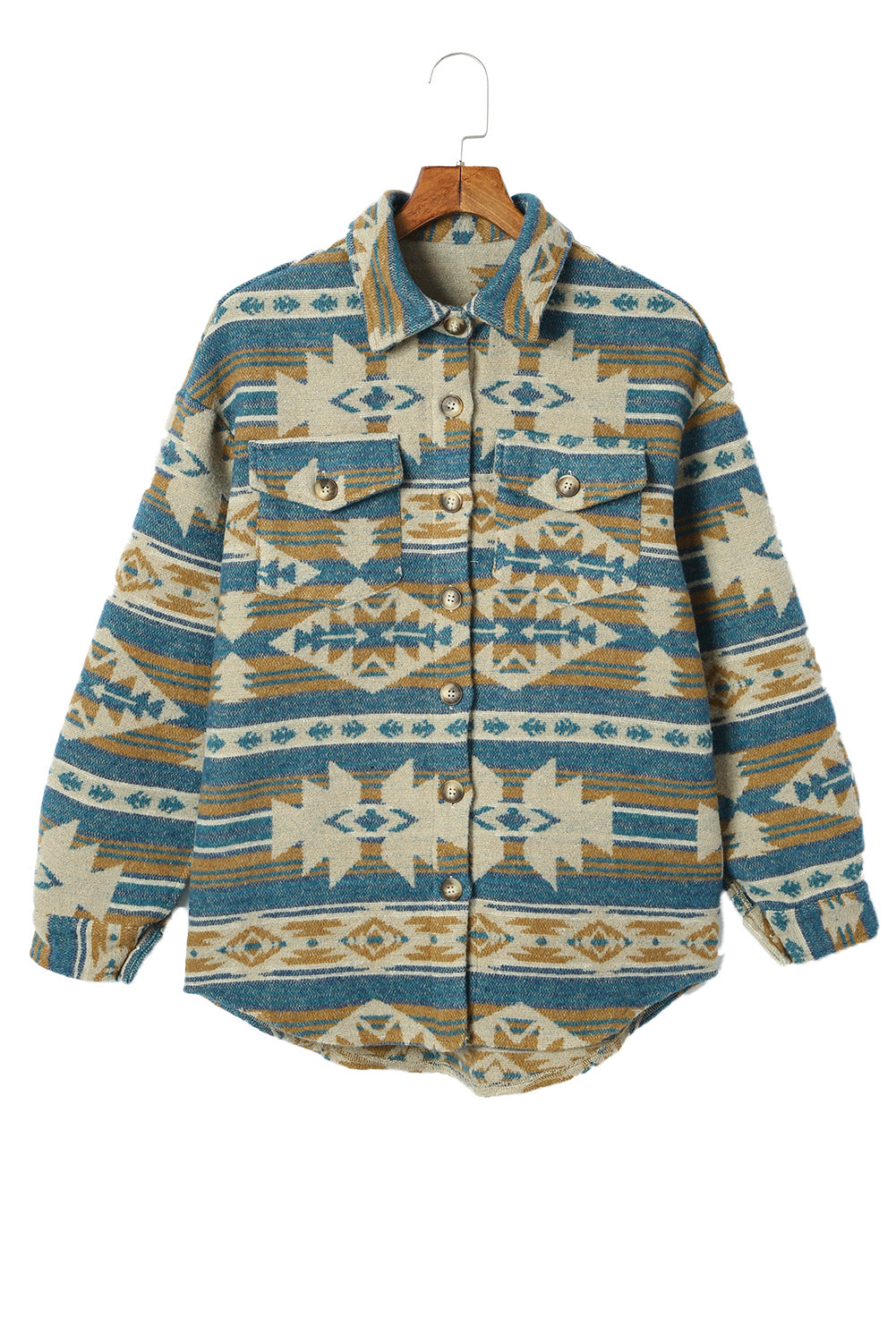 Blue Western Aztec Print Button Flap Pocket Shacket