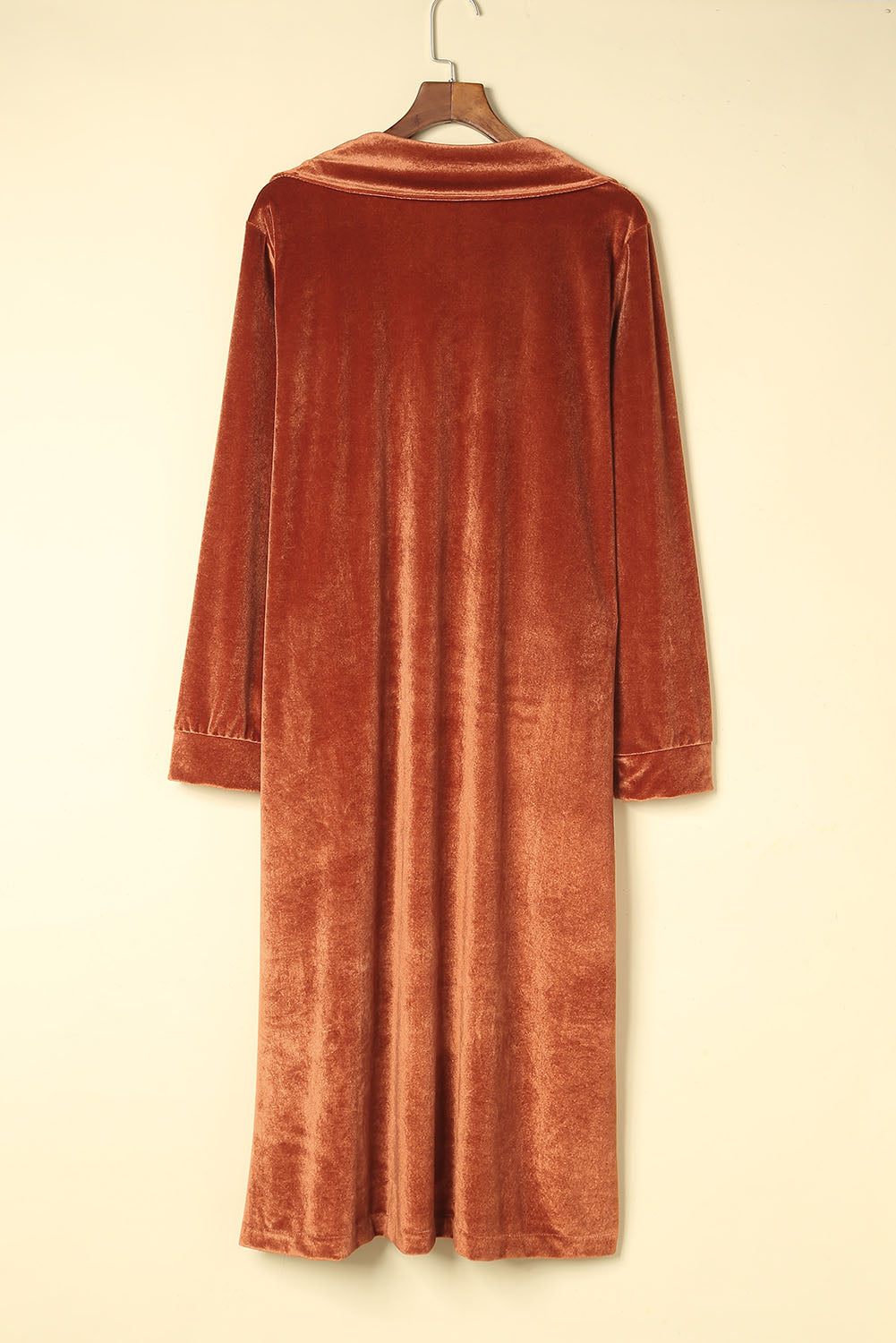 Brown Retro Velvet Long Sleeve Pocket Coat