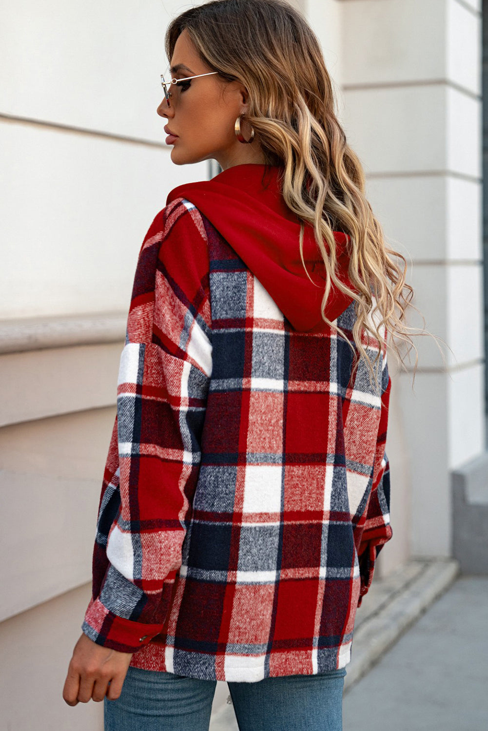 Red Hooded Plaid Button Front Shacket