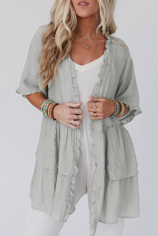 Gray Ruffled Trim Half Sleeve Open Front Kimono