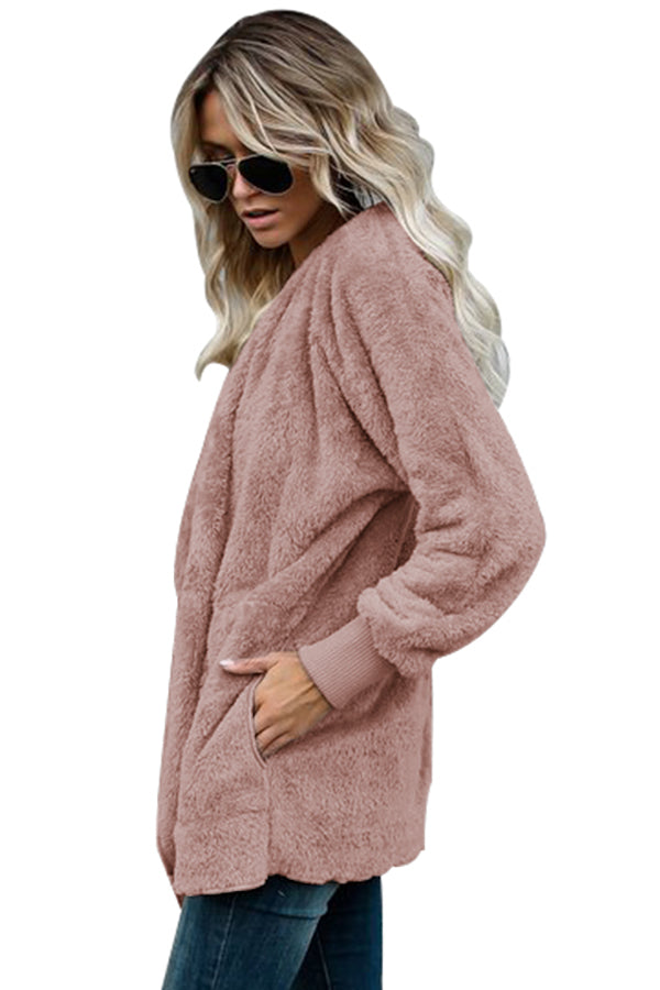 Pink Soft Fleece Hooded Open Front Coat