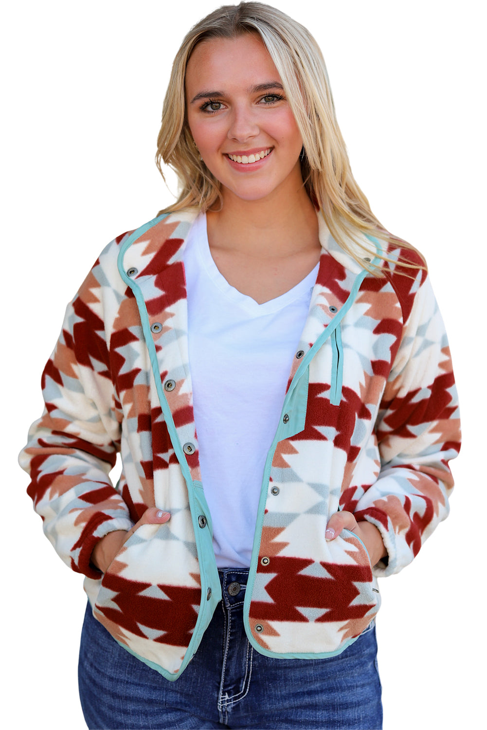 Red Western Aztec Buttoned Zipper Pockets Fleece Jacket