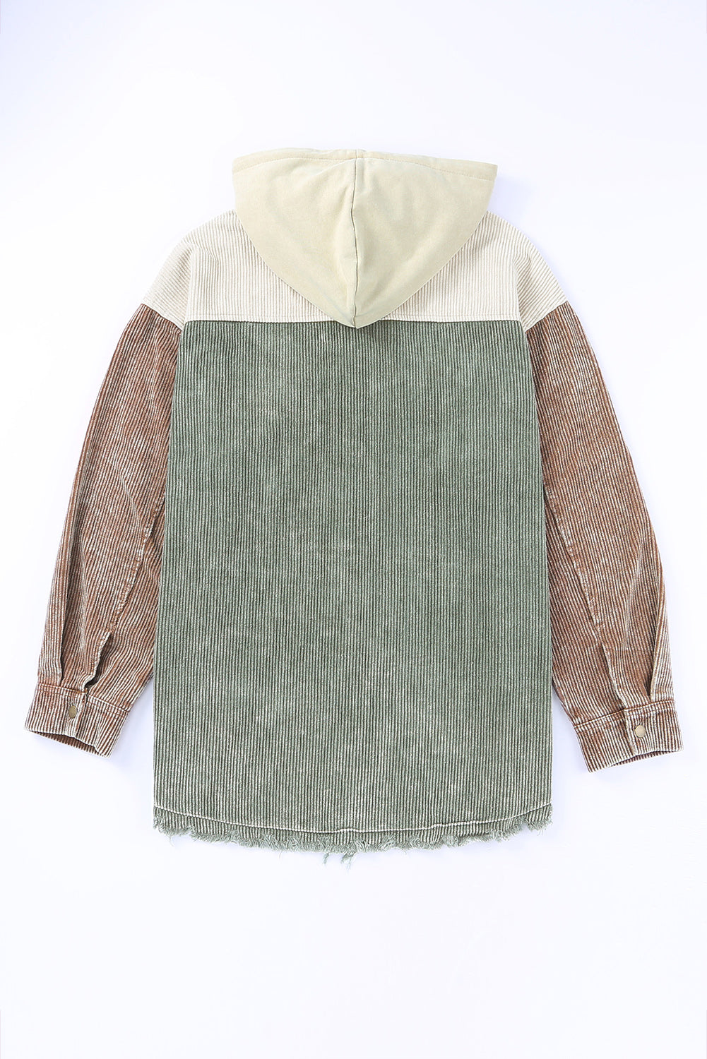 Green Color Block Button Down Hooded Corduroy Jacket