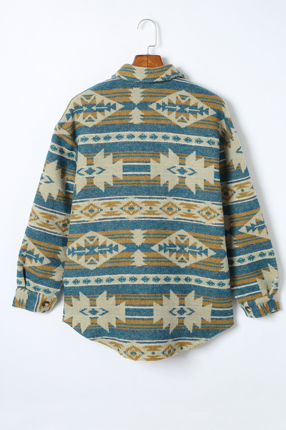 Blue Western Aztec Print Button Flap Pocket Shacket