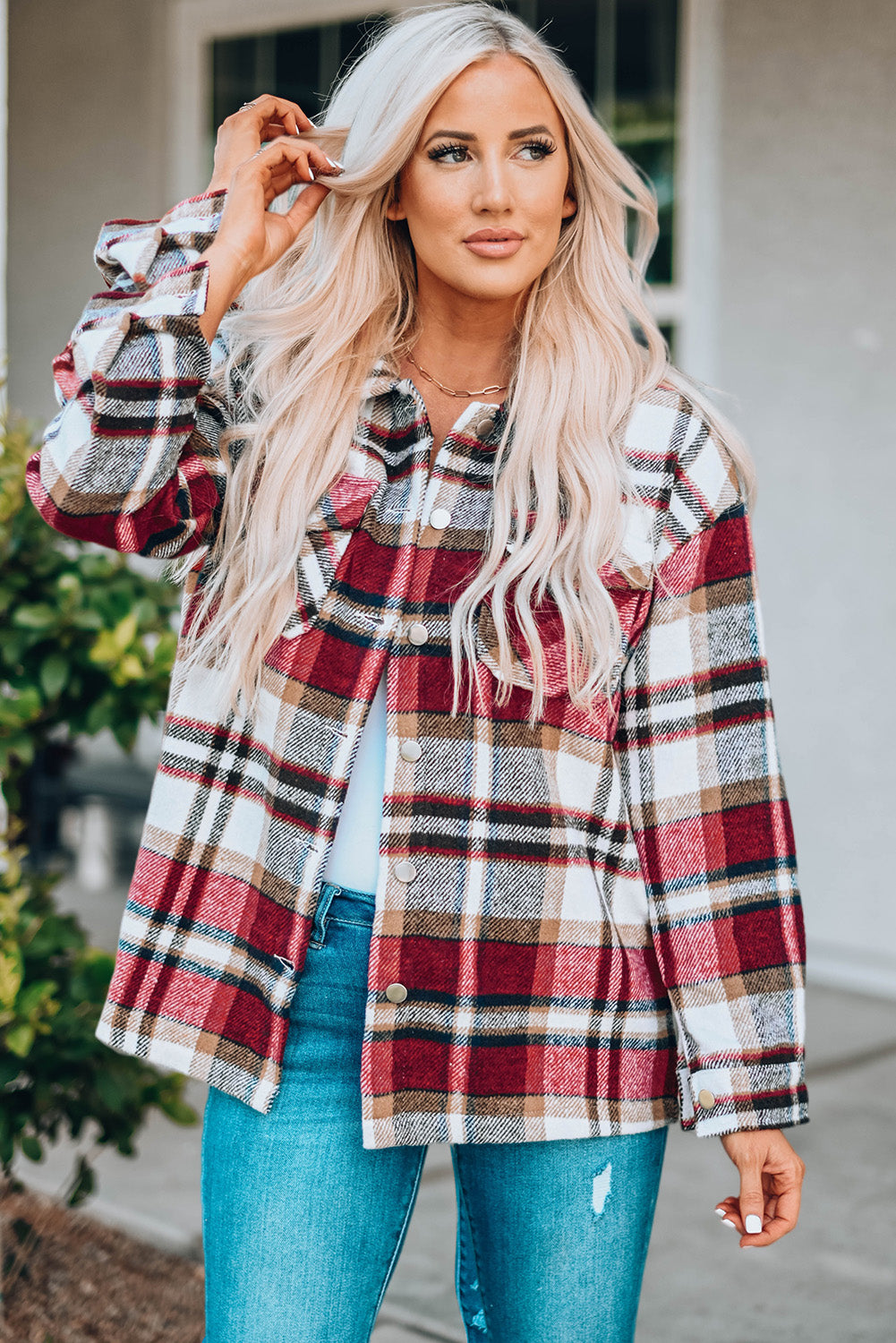 Red Geometric Plaid Print Pocketed Shacket